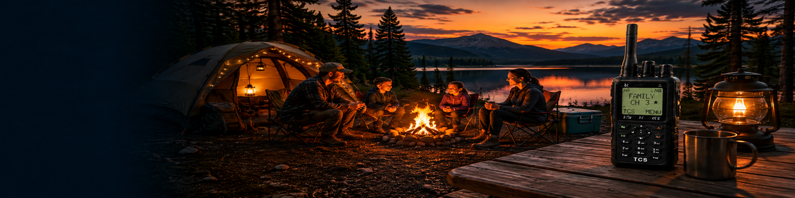 Family around a campfire at sunset with TCS GMRS radio