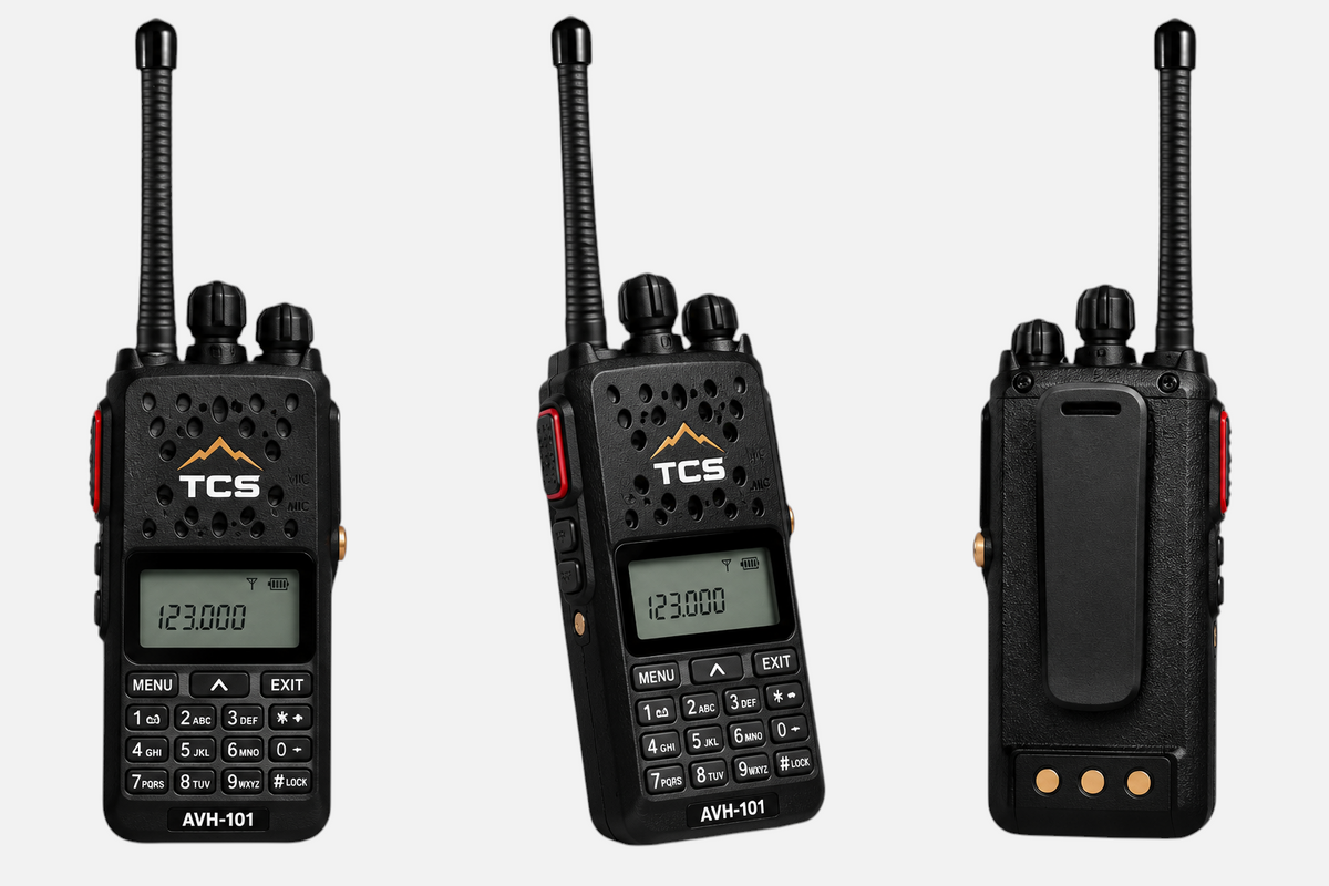 TerraComm Systems AVH-101 black handheld airband radio with digital display, keypad, and antenna in three views.